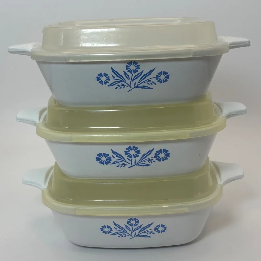 Vtg Corning Ware Blue Cornflower P-41 Petite Pan Casserole Set 3 W/ Lids 1.75 C